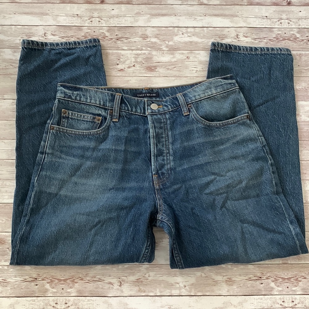 Lucky Brand Medium Wash High Rise Button Fly Relaxed Taper Leg Crop Mom Jeans